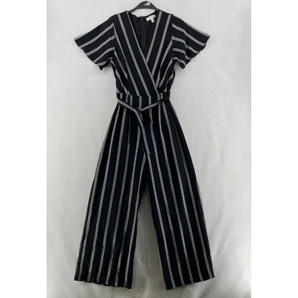 Monteau Jumpsuit Women's Sz M Black Striped V-Neck Wide-Leg Flutter Sleeve - Picture 1 of 14